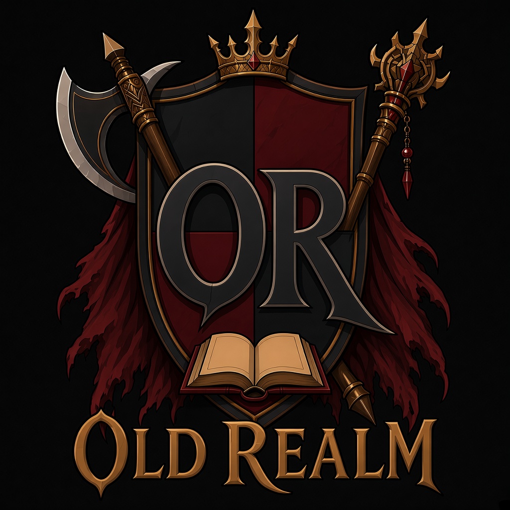 Old Realm logo: a crowned shield marked OR with an axe and a staff